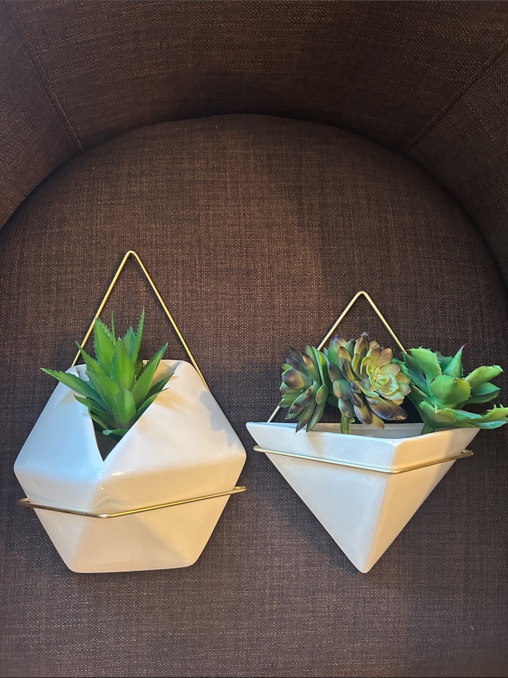 Modern White Ceramic Geometric Wall Planter Set with Succulents
